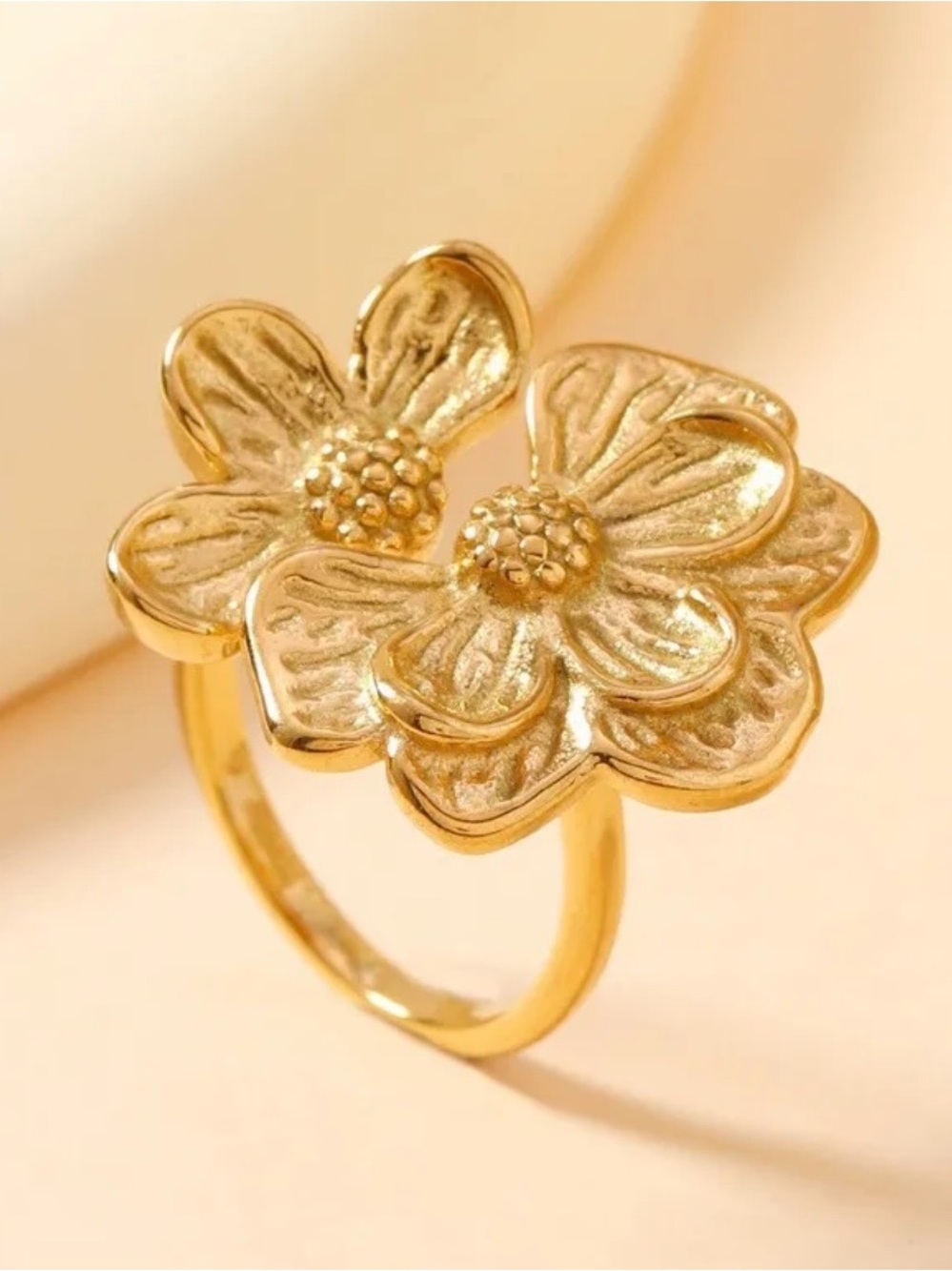 18K PVD Gold Plated Floral Double-Daisy Flower Ring - Women Jewelry